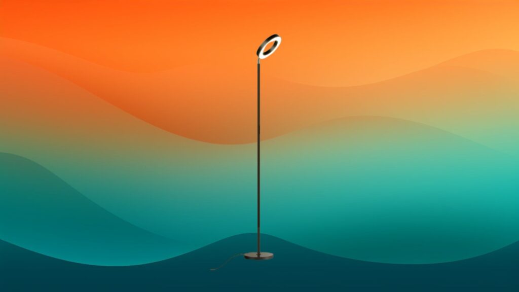 circular floor length black reading light in front of an orange and teal background