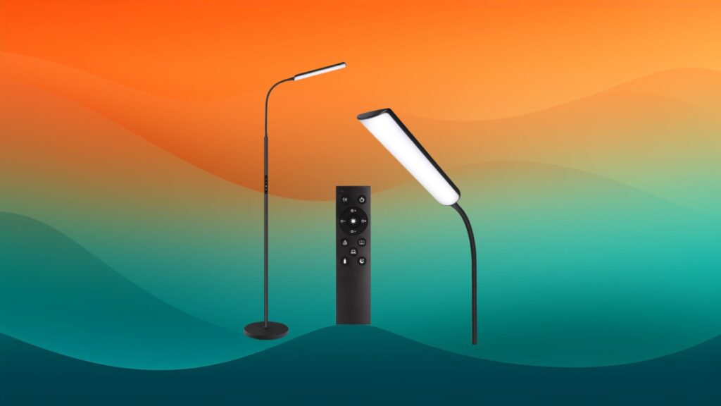 thin floor length black best reading lamps in front of an orange and teal background