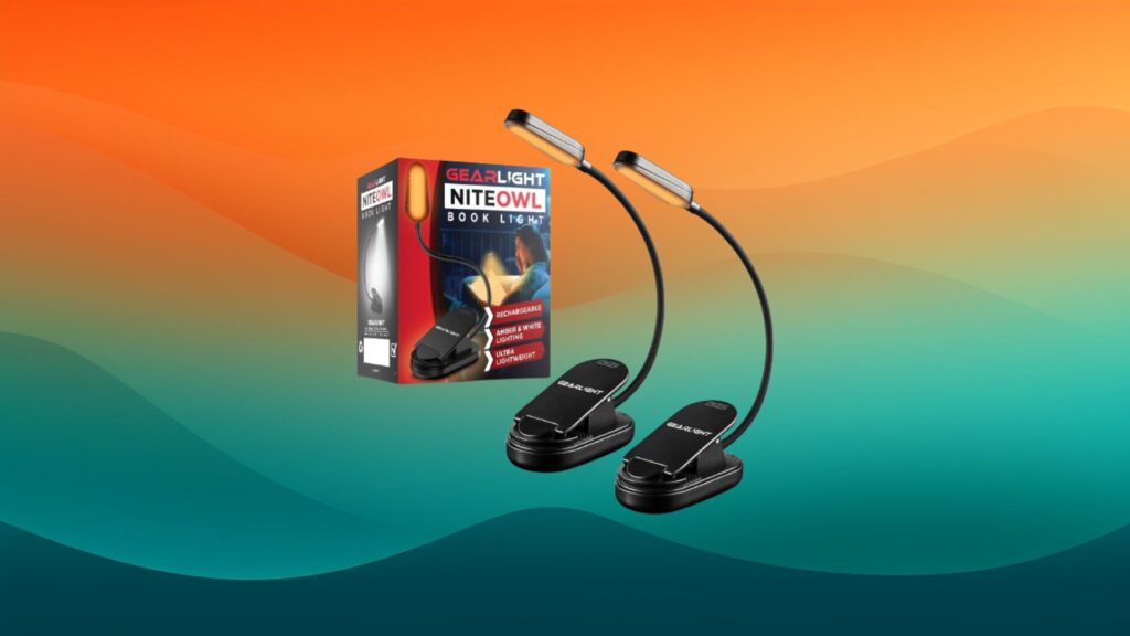 two black clip on reading lights in front of an orange and teal background