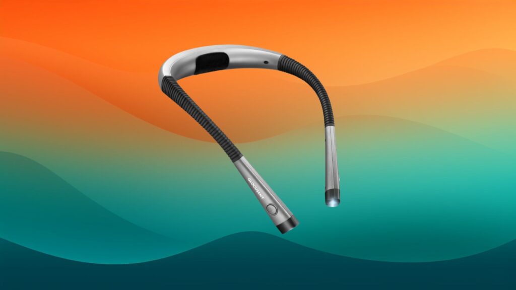 gray and black neck reading light in front of an orange and teal background