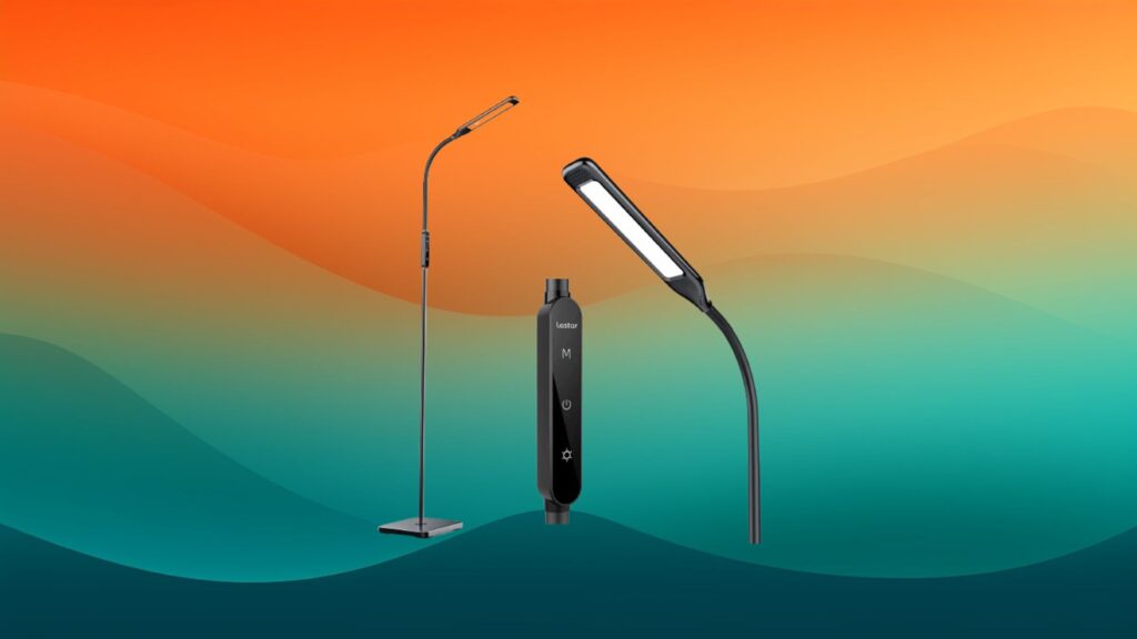 thin black floor floor lamp in front of an orange and teal background