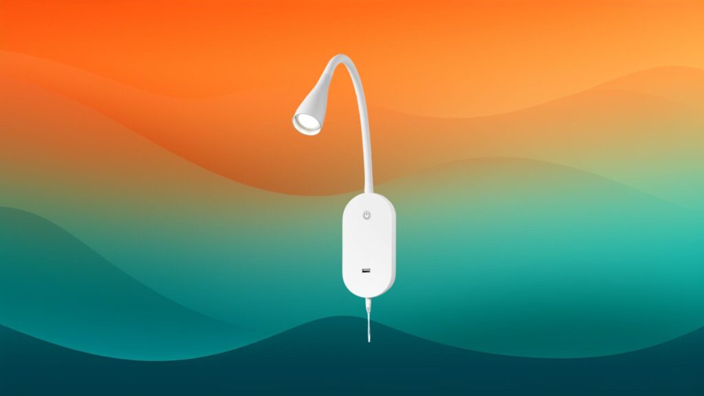 small white reading light in front of an orange and teal background