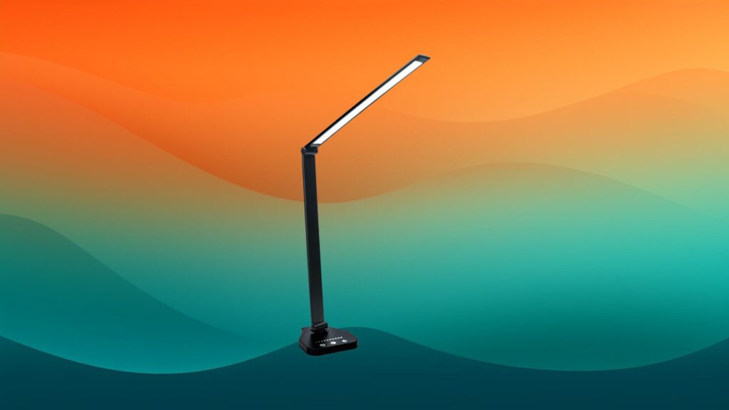 thin black best reading lamps in front of an orange and teal background