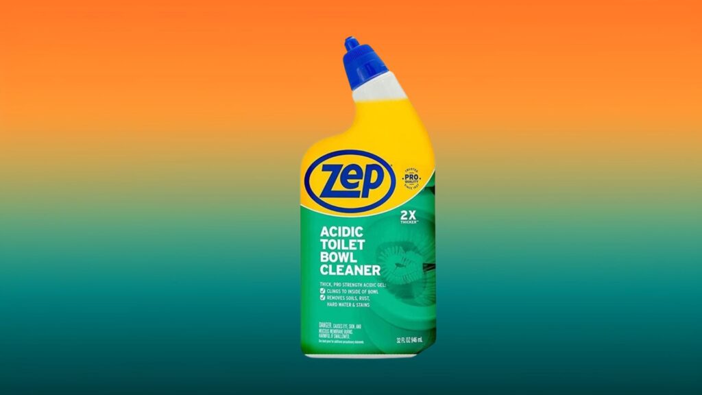 green and yellow bottle of Zep toilet bowl cleaner