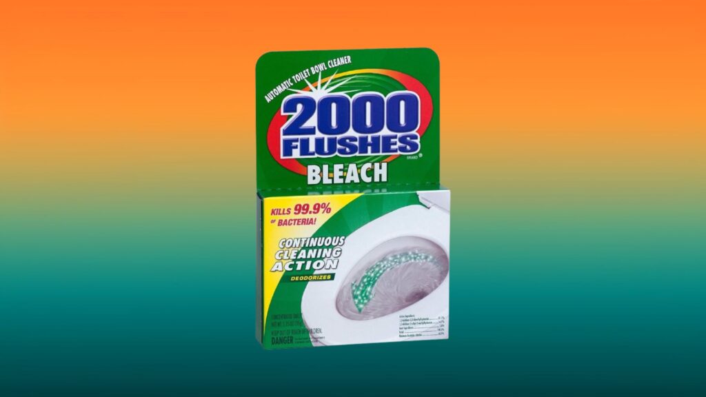 green and white box of 2000 Flushes automatic toilet cleaner