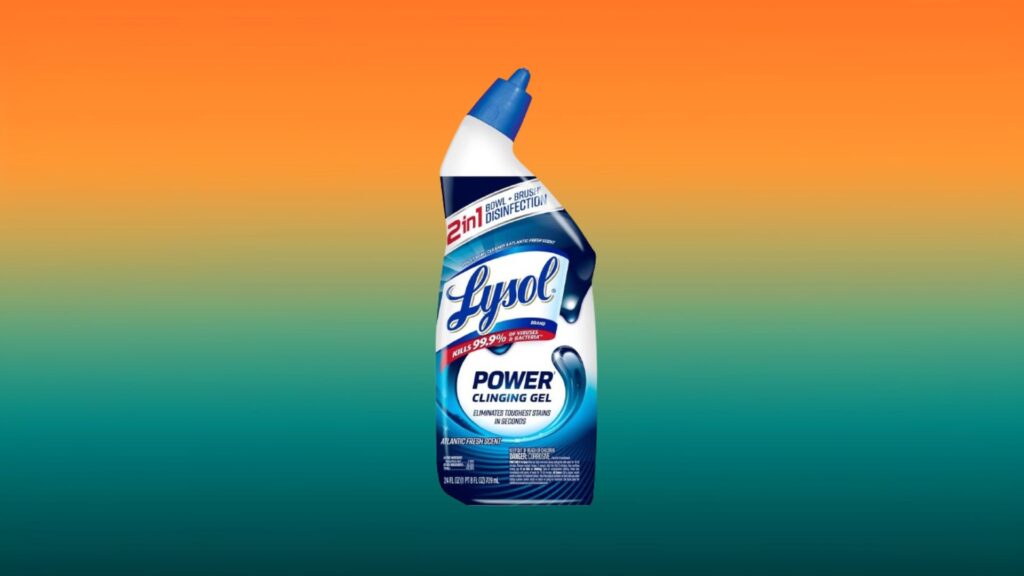 blue and white bottle of Lysol toilet bowl cleaner