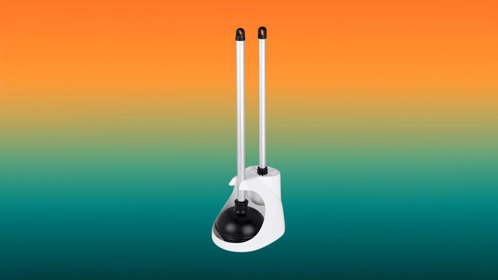 white and black toilet plunger and toilet brush