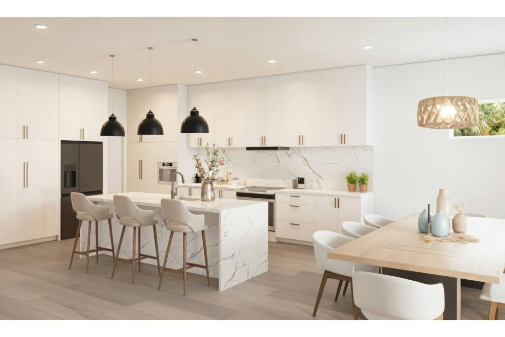 A kitchen with quartz countertops
