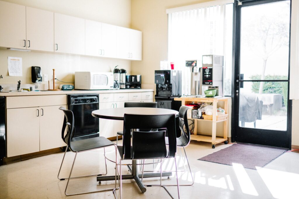 rolling storage in a dated kitchen