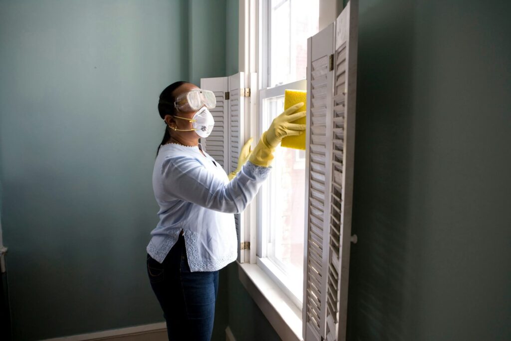 A woman doing her own pest control in her home