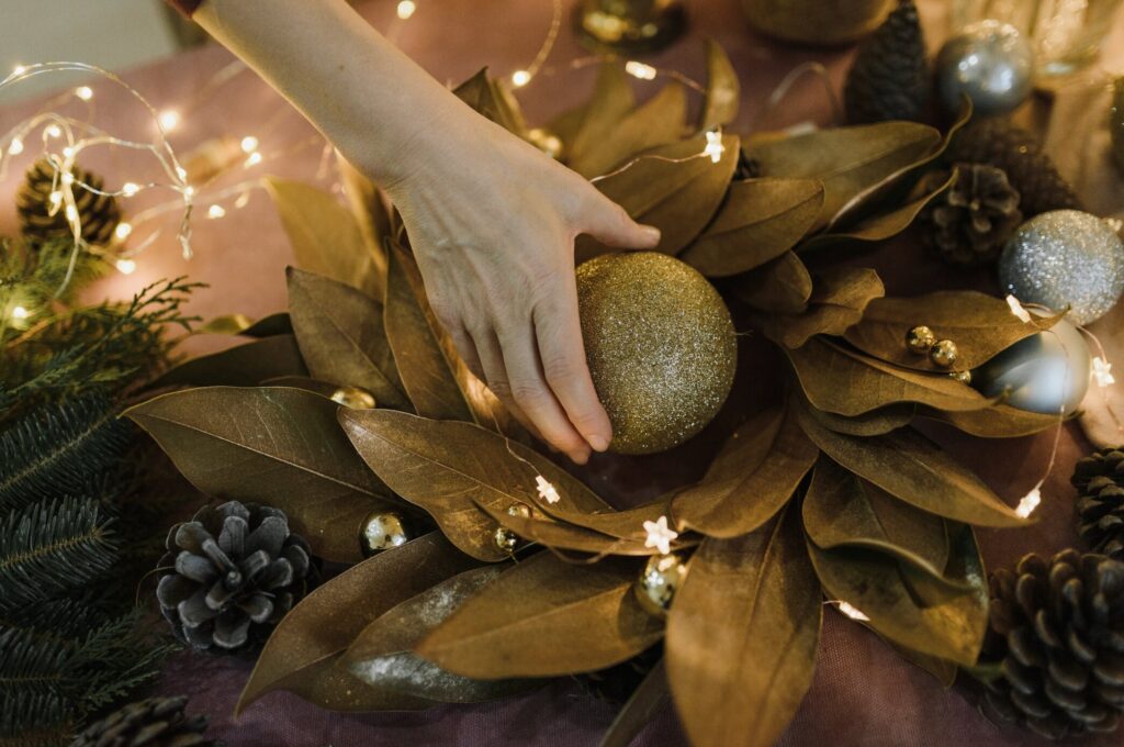 Christmas baubles and leaves