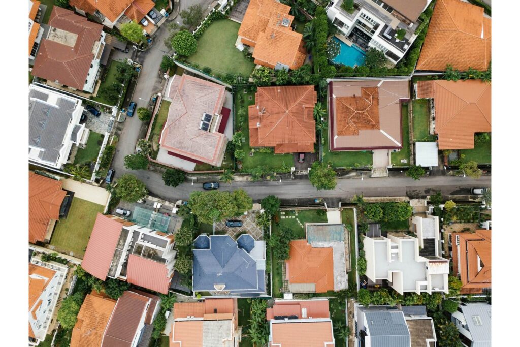 A bird's-eye view of a neighborhood.