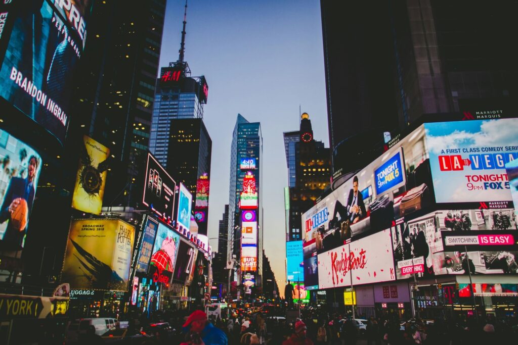 Times Square buzzing with economic activity.