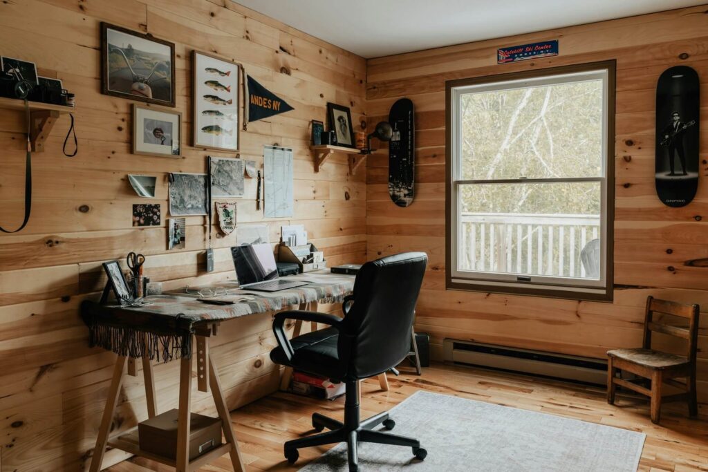 A home office furnished and decorated with meaningful items