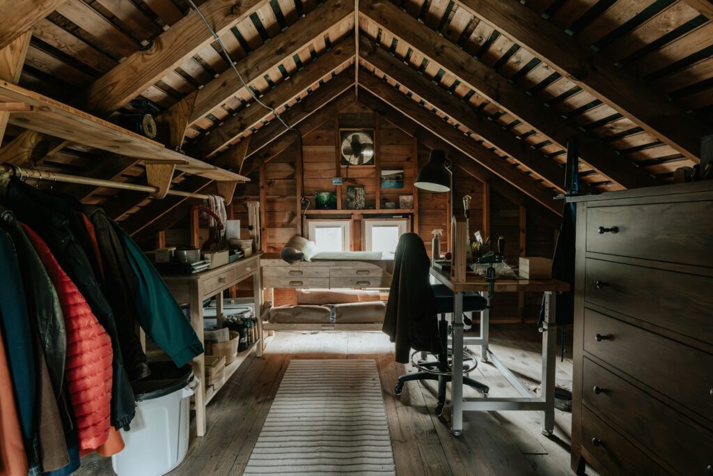 storage room set up in an attic