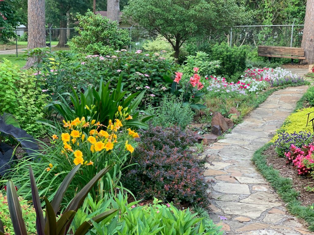 small stone path in a garden with either side lined with bushes and flowers