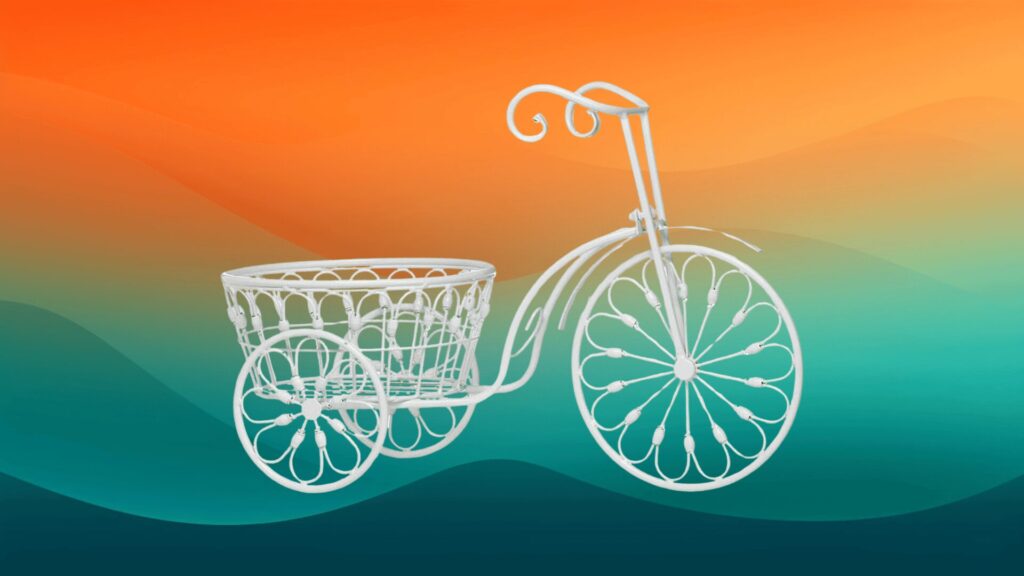 white bicycle decorative indoor flower pot in front of an orange and teal background