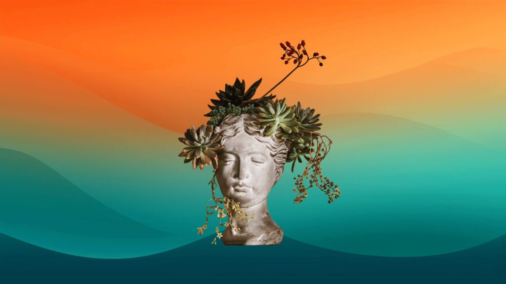 Grecian bust decorative indoor flower pots with plants sticking out the top in front of an orange and teal background