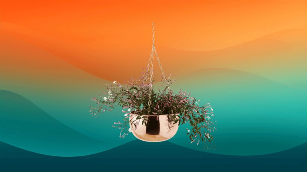 rose gold hanging decorative indoor flower pot in front of an orange and teal background