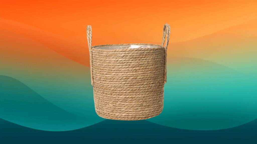 woven basket decorative indoor flower pot in front of an orange and teal background