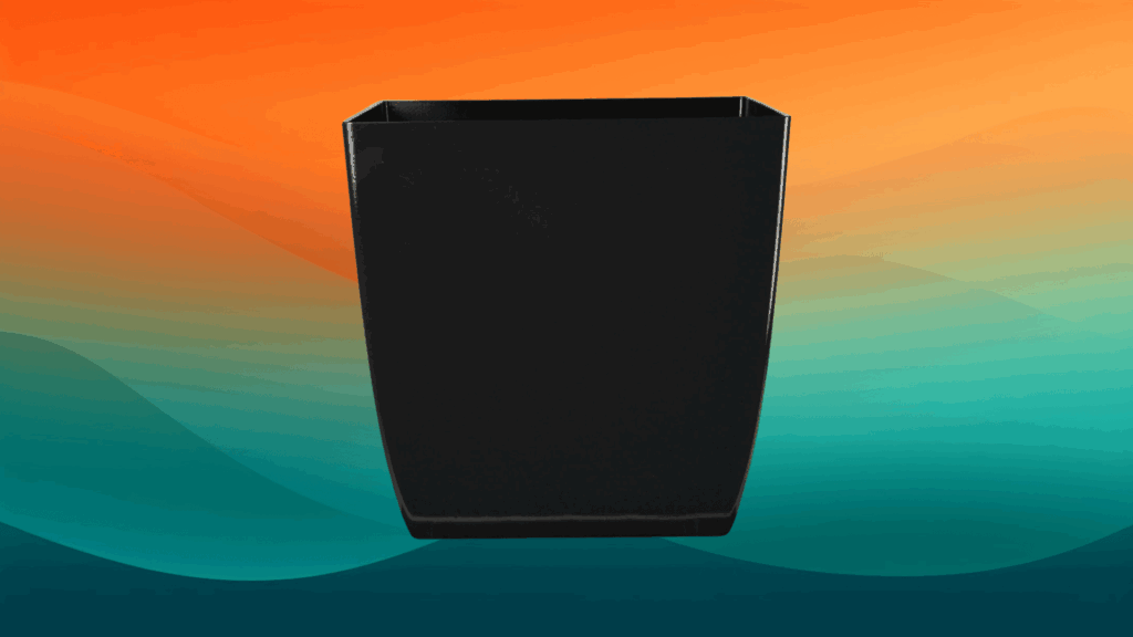 square black decorative indoor flower pot in front of an orange and teal background