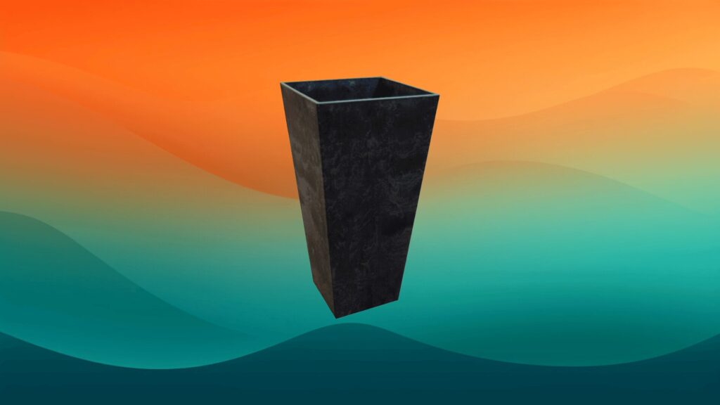 tall black decorative indoor flower pot in front of an orange and teal background
