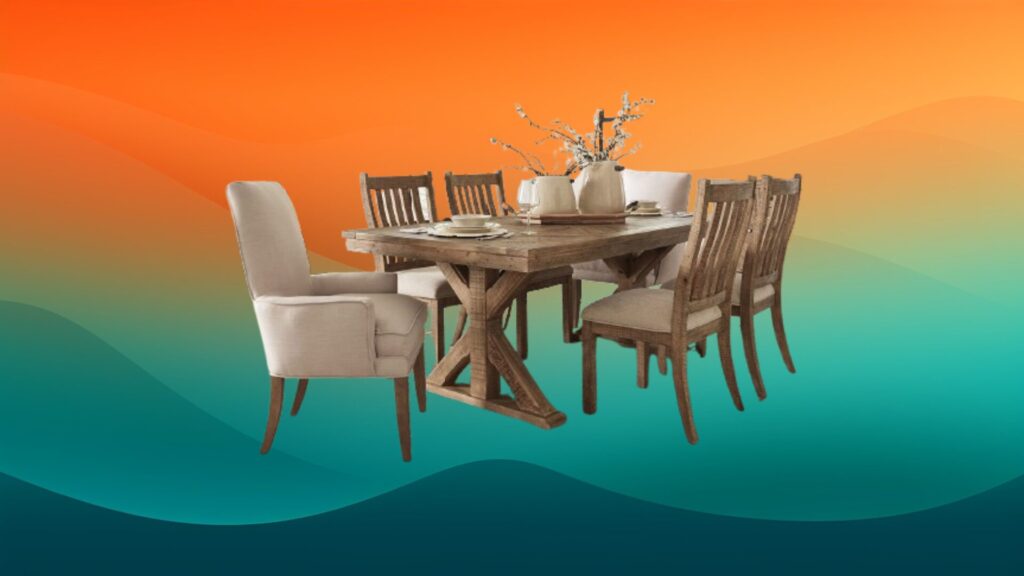 dining table with large wooden table, four wooden chairs, and two tan upholstered chairs in front of an orange and teal gradient background
