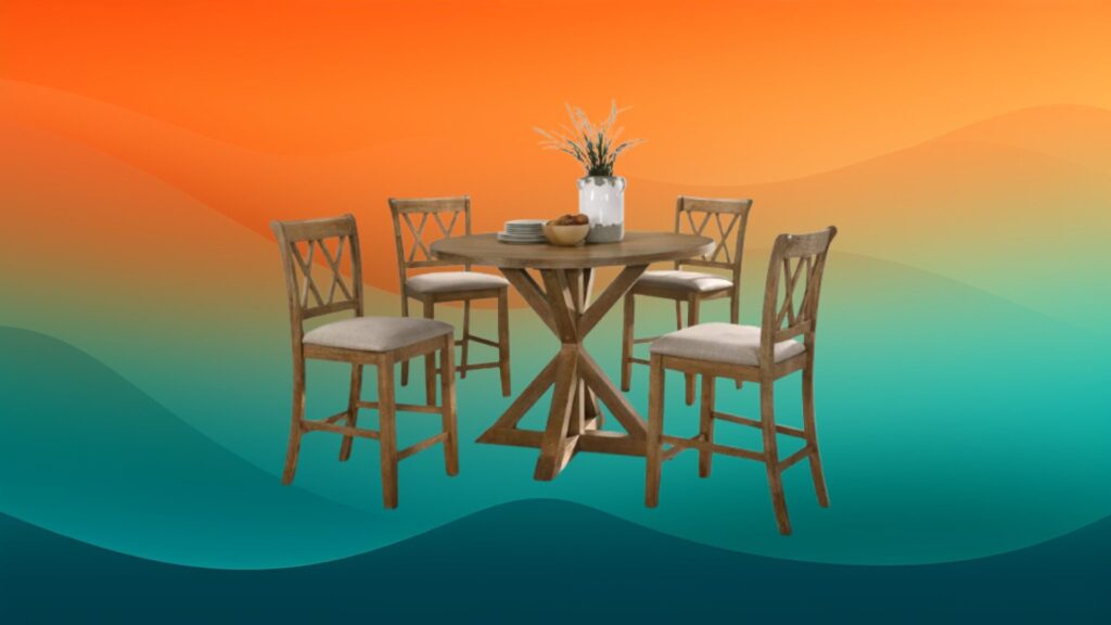 dining set with light wooden round table and four chairs in front of an orange and teal gradient background