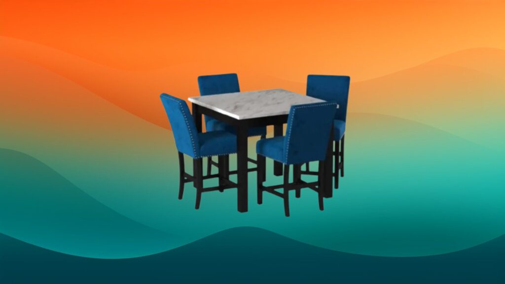 dining set with small marble table with black base and four blue upholstered chairs in front of an orange and teal gradient background