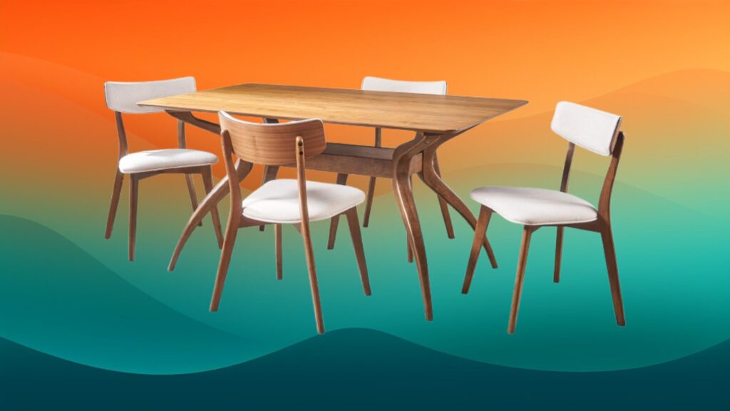 mid century modern dining set with light wooden table and four rounded chairs in front of an orange and teal gradient background