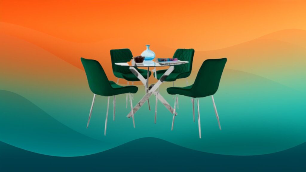 dining set with glass table and four velvet forest green chairs in front of an orange and teal gradient background