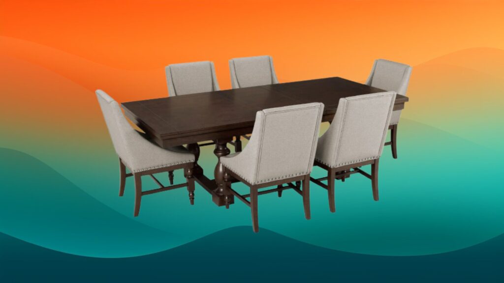dark wooden table dining set with six upholstered tan chairs in front of an orange and teal gradient background