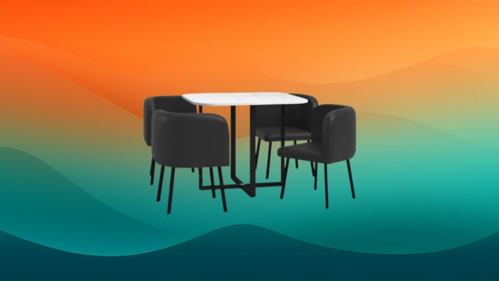 dining set with small white table and four rounded chairs in front of an orange and teal gradient background