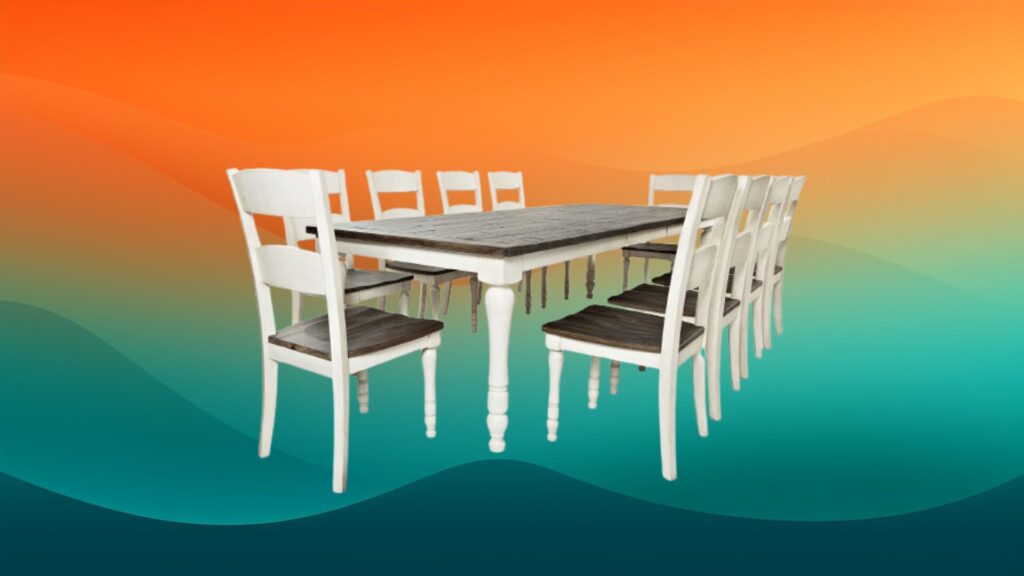 country style wooden and white dining set with 10 chairs in front of an orange and teal gradient background
