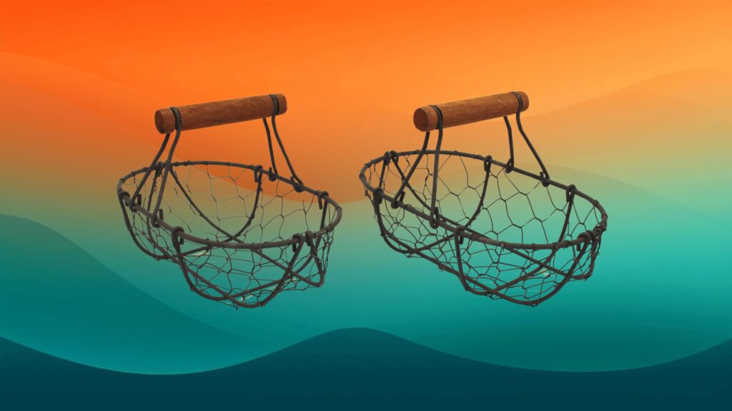 two black chicken wire baskets in front of an orange and teal background