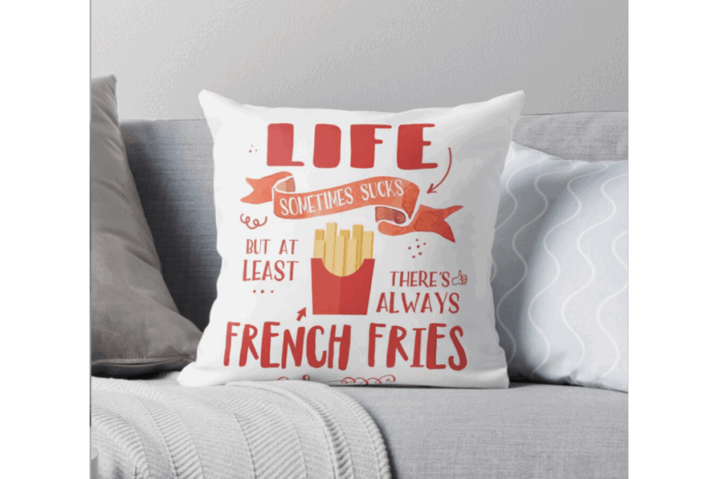 a french fries decaled white throw pillow