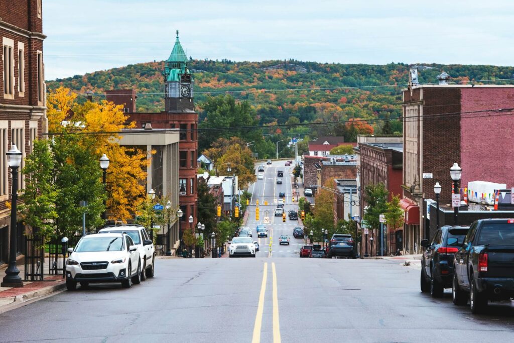 Cars parked on the side of the road in Marquette, Michigan