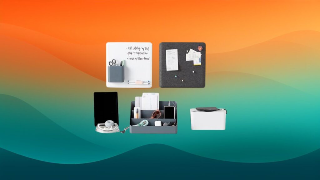 home office organization set for tech storage with white board, pin board, cable box, and more in front of an orange and teal gradient background