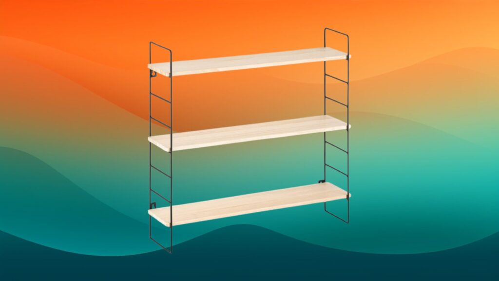 tan and black hanging shelves home office organizer in front of an orange and teal gradient background