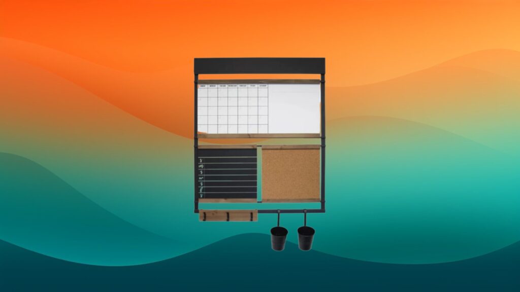 white board, chalkboard, and cork board home office organizer in front of an orange and teal gradient background
