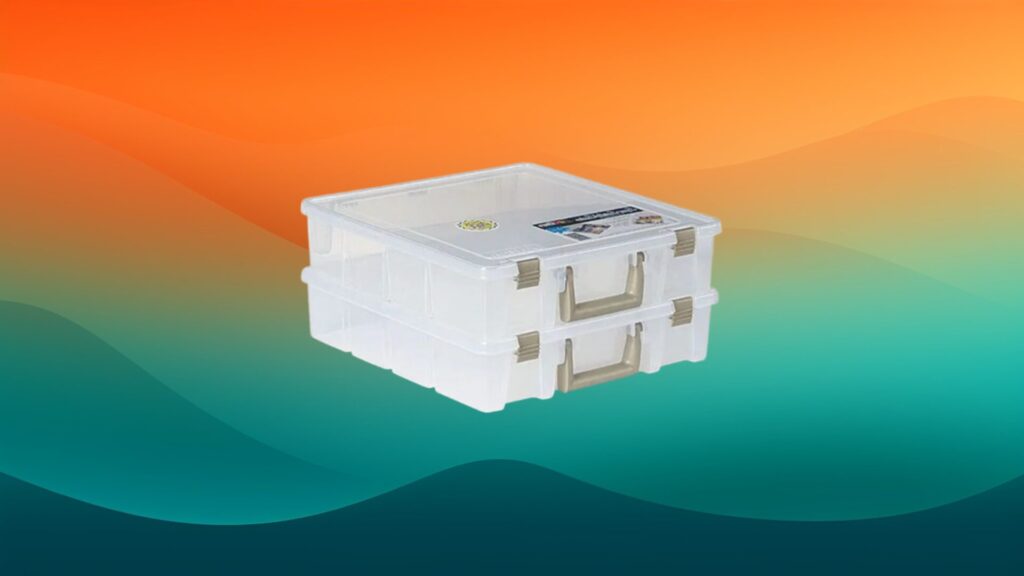 two clear basket bin home office organizer in front of an orange and teal gradient background