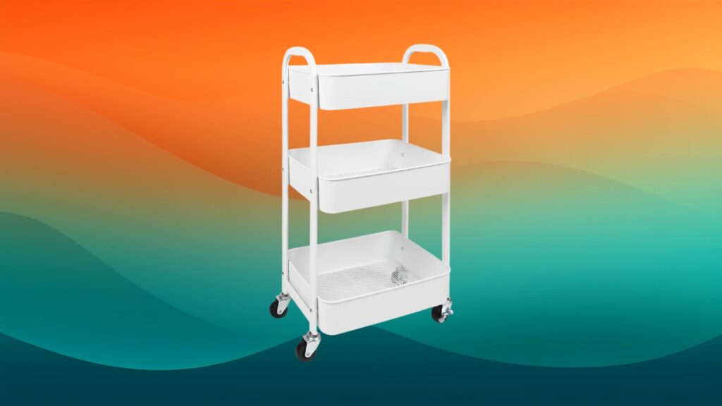 home office organizer white three tiered rolling cart in front of an orange and teal gradient background