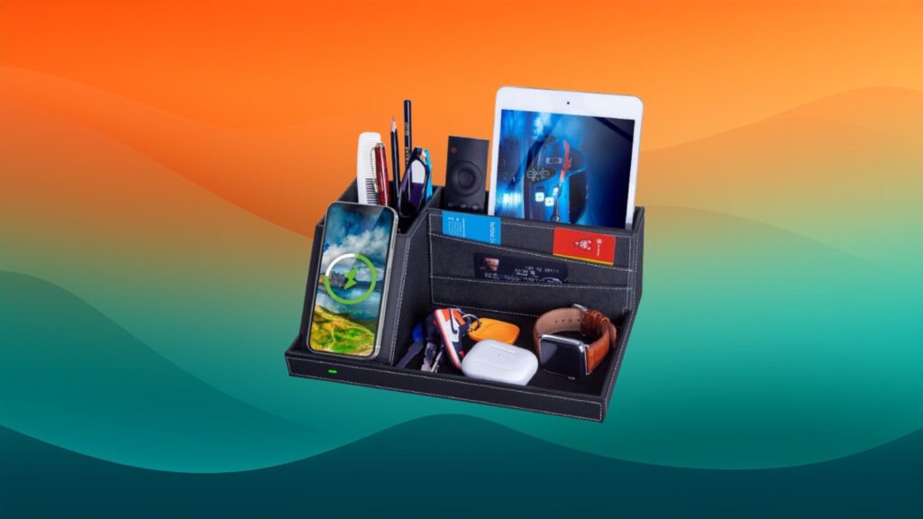 black home office organizer with wireless charging stand and pen holder in front of an orange and teal gradient background