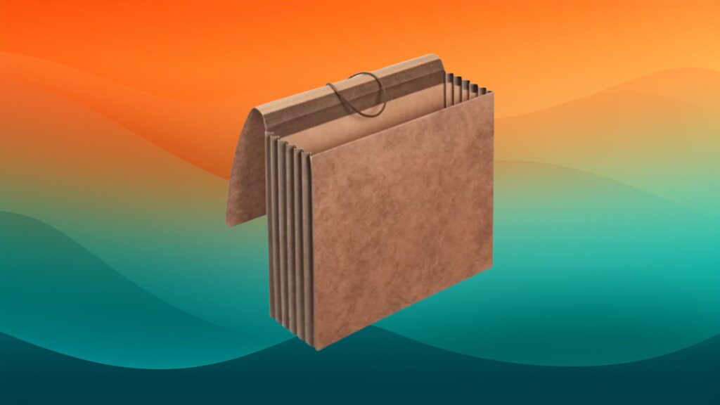 brown file folder home office organizer in front of an orange and teal gradient background