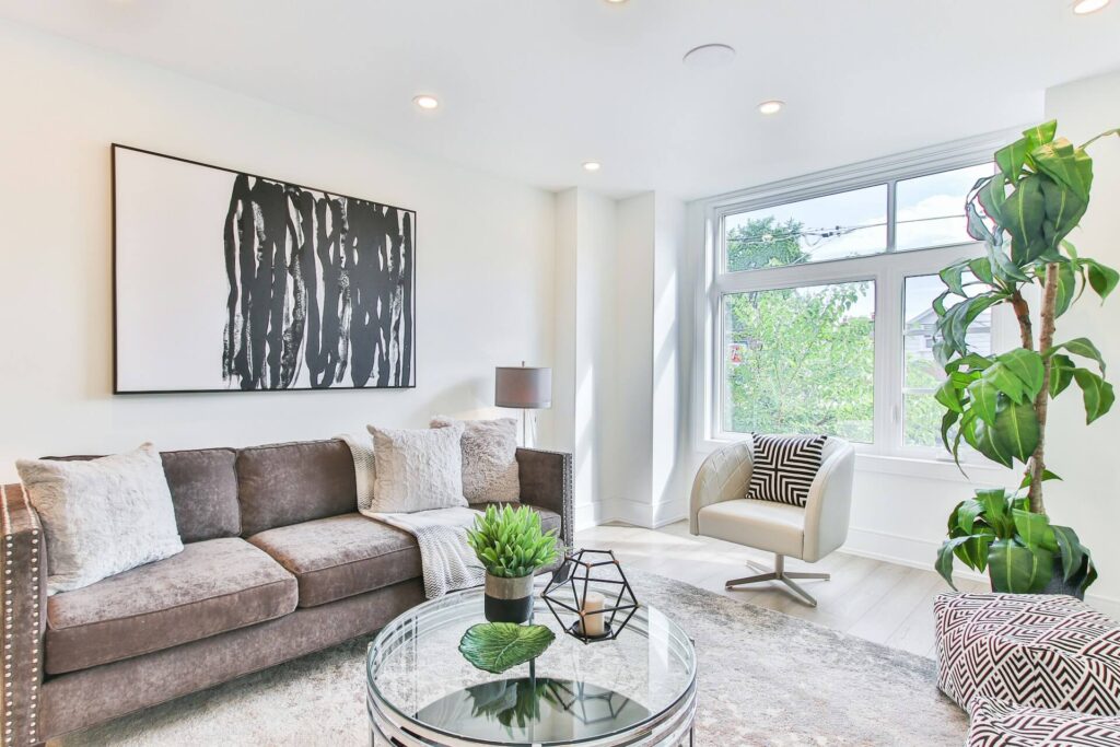 A living room with neutral colors
