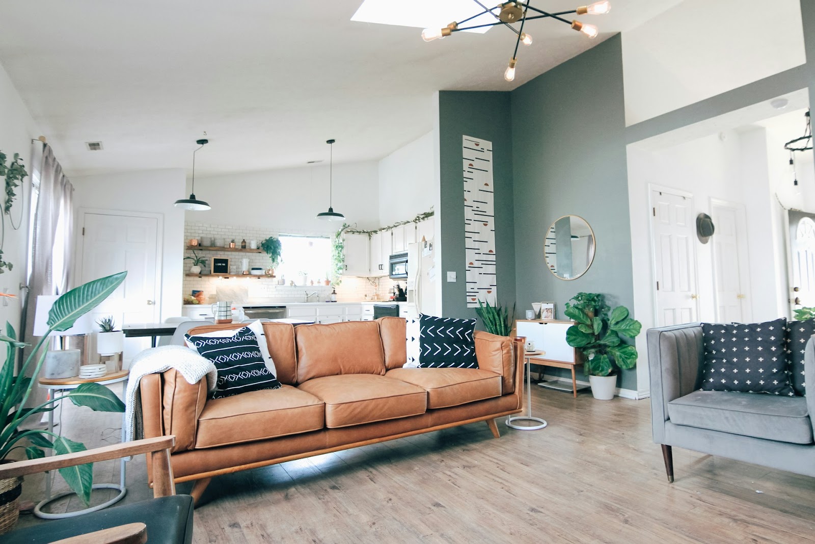orange couch with green living room