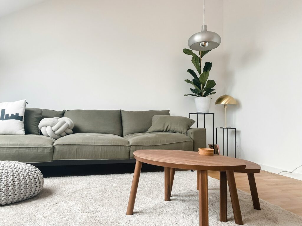 Modern living room with a muted green couch, decorative cushions, and a wooden coffee table on a light rug. A tall Monstera and stylish lighting add elegance.