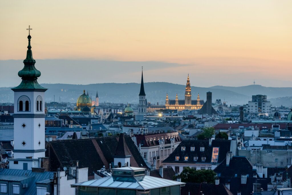 Aerial view of Vienna, Austria, at sunset
