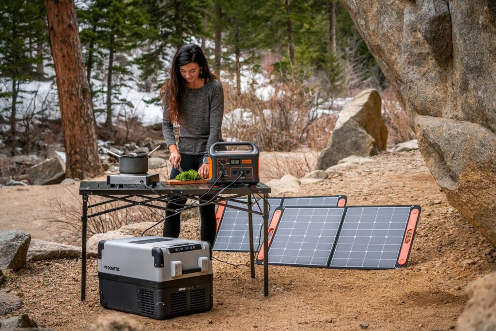 A woman cooking outside with an electric stove hooked up to a solar generator.