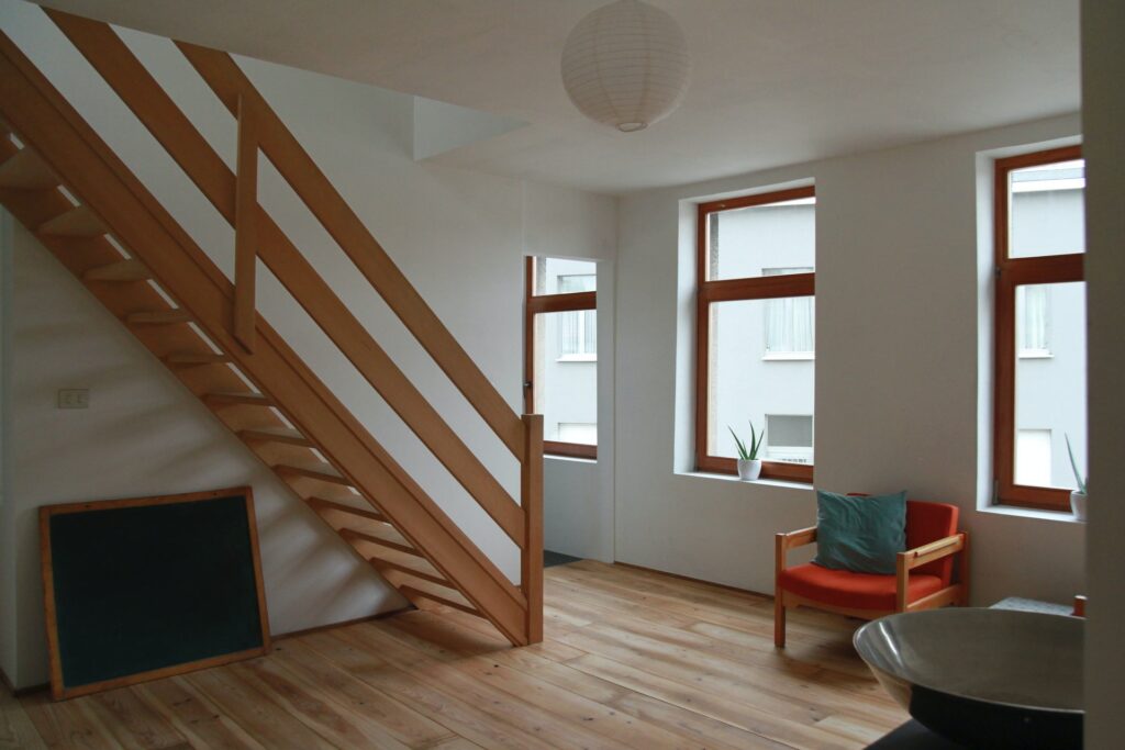 natural, open living room with wooden features